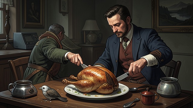 A Goose Remembers from "The Darling Buds of May". The Harvested Animal A Familiar Bird Pop Larkin carves the roast goose and jokes that it may be the bird that heard the family talking.