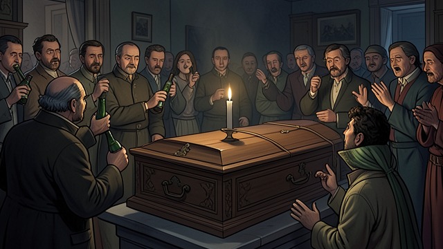The Wake Begins from "Finnegans Wake". The Wake Begins Collective mourning Mourners gather to lament and celebrate the fallen man, turning grief into drink, song, and communal performance.