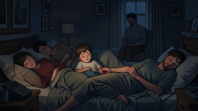 孩子与父母,《芬尼根的守灵夜》中的场景。一家人入睡 安然休憩的家庭 这个家庭通过居家的房间、沉睡的身体和夜晚的静谧呈现出来。 亲密平凡而脆弱 睡眠使家庭成为一个需要照料、彼此依赖的脆弱空间。
