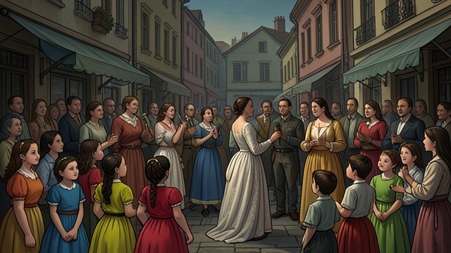 A Sister in the Gathering from "Finnegans Wake". A Sister in the Gathering Family relation amid spectacle Isobel appears within a crowded scene of girls, songs, and public attention.