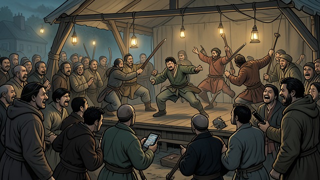 War Becomes Public Spectacle from "Finnegans Wake". War Becomes Public Spectacle Crowds consume conflict Ballads and public performances make violence entertaining and memorable.