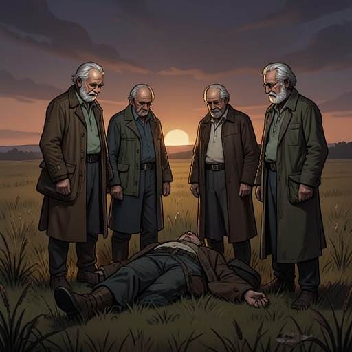 Yawn's Deathlike Ordeal from "Finnegans Wake". This flow traces Yawn's discovery by four old men, his unstable testimony, and the repeated uncertainty over whether the sleeping figure can be identified.