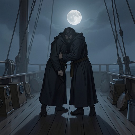 特里斯坦与伊索尔德海上相会,《芬尼根的守灵夜》中的场景。这条叙事线追踪特里斯坦与伊索尔德在船上的亲密关系,展现他们如何从私下幽会转入被人偷听的场景,爱情也由此被传闻并重塑为传奇。