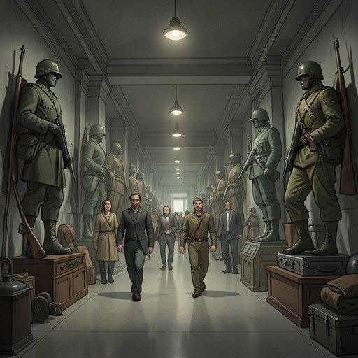 The Willingdone Museyroom from "Finnegans Wake". This flow follows the museum episode as visitors move through a comic replay of military history that transforms monuments and victories into unstable theatre.