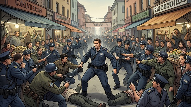 市场区骚乱与镇压,《裸体午餐》中的场景。有条不紊的武力 镇压 警察小队从每个入口和俱乐部进入市场区,以蓄意的残暴手段踢打骚乱者。他们的到来,为混乱的暴力场面强行施加了明确的力量。 以伤亡换取秩序 这场干预通过制造伤亡恢复控制,却没有解决政治诉求。市场区成了公开展示,表明谁可以动用暴力而不受惩罚。