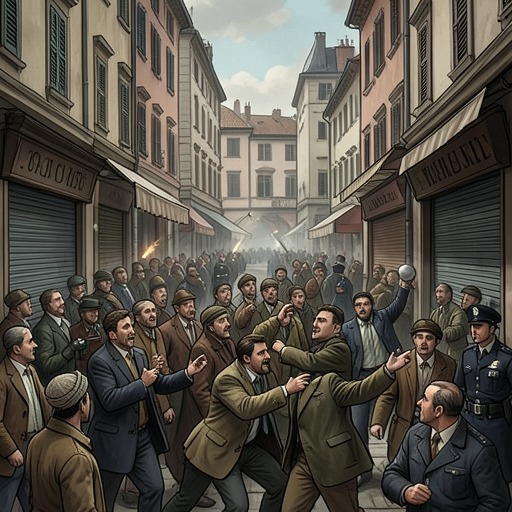 The Market Riot and Crackdown from "Naked Lunch". This thread traces an Interzone political demonstration into a riot, a violent police response, and a brittle return to commerce.