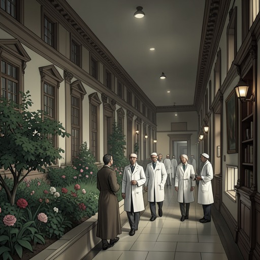 病人与旁观者，《长夜行》中的场景。这条故事线展现疗养院既是避难之所，也是表演空间，治疗、权威与疯狂的展示在此交汇。