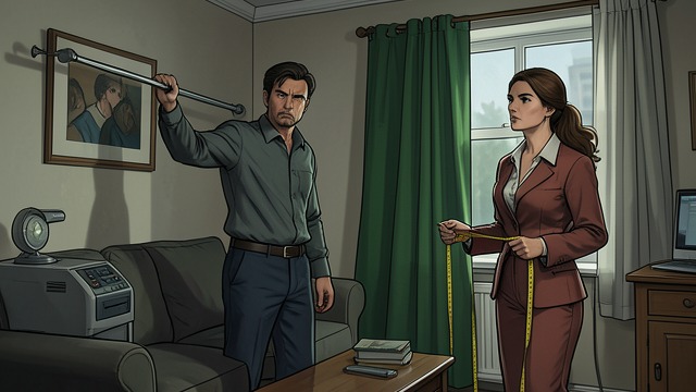 The Curtain Argument from "Mr. & Mrs. Smith". The Curtain Argument A domestic proposal Jane presents new green curtains as a change that might refresh their home.
