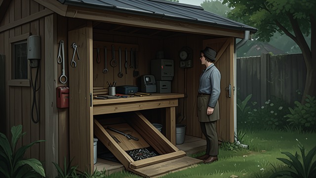 The Concealed Entrance from "Mr. & Mrs. Smith". The Concealed Entrance A hidden mechanism John enters the shed, moves the workbench, opens the floor hatch, and descends to his concealed armory.