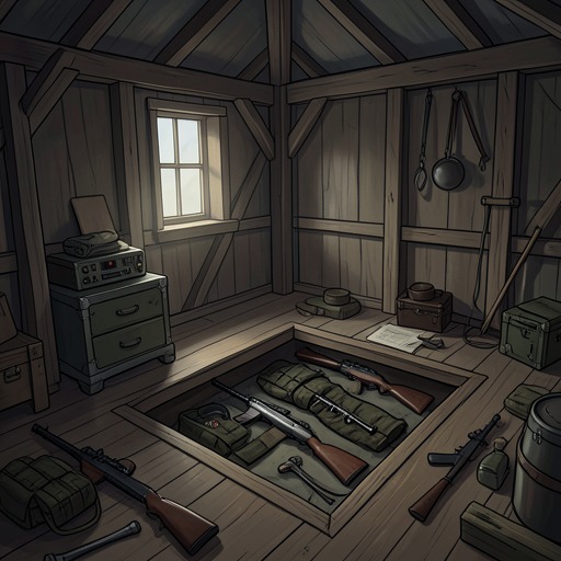 The Secret Armory from "Mr. & Mrs. Smith". The hidden weapons store beneath John’s shed makes his covert life tangible and becomes a practical resource and symbolic loss for Jane.