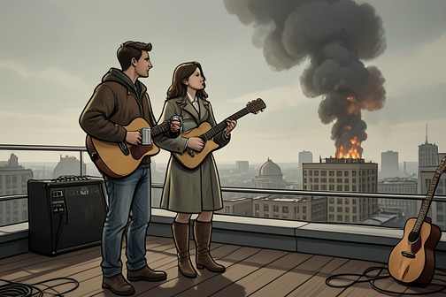 渡边与绿在火灾现场接吻 from "Norwegian Wood". The kiss between Toru Watanabe and Midori Kobayashi takes place on a rooftop laundry deck while they watch a neighborhood fire.