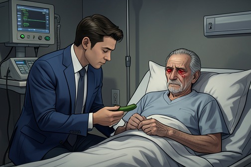 渡边探望并照料Midori的父亲 from "Norwegian Wood". Watanabe’s visit to Midori’s hospitalized father turns a brief offer of help into an act of hands-on care, and a cucumber into a lasting memory.