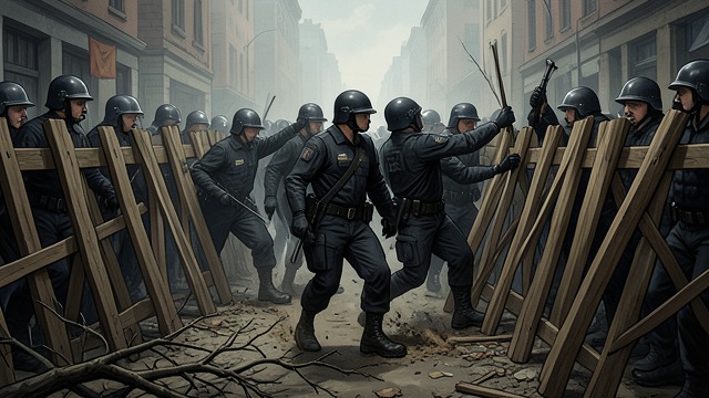 Police Clear the Campus from "Norwegian Wood". The Blockade Ends Force restores access Riot police break the barricades and arrest students.