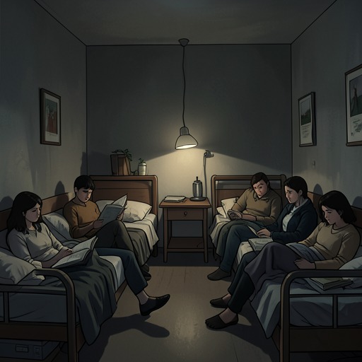 The Dormitory as a World of Rules from "Norwegian Wood". This flow traces Watanabe’s experience of the dormitory as both comic refuge and political, social, and personal constraint.