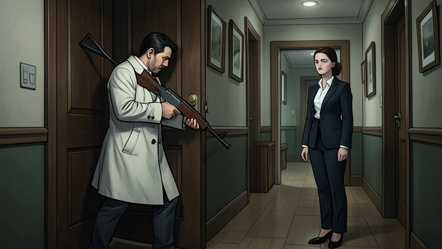 The Armed Siege from "The Crying of Lot 49". A Doctor Becomes a Threat A rifle behind the door Hilarius barricades himself in his office and fires at people he believes are pursuing him.