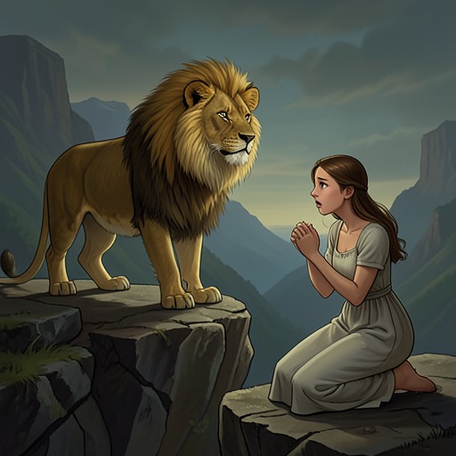 Aslan and Jill from "The Silver Chair". Aslan’s encounters with Jill establish her responsibility, test her memory, and finally release her from guilt after the task is complete.