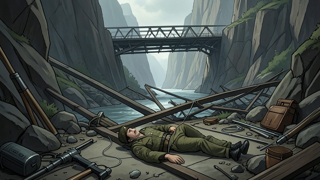 A Costly Explosion from "For Whom the Bell Tolls". The Plan Becomes Flesh The act Jordan and Anselmo place explosives by hand and pull the wire when the offensive begins.