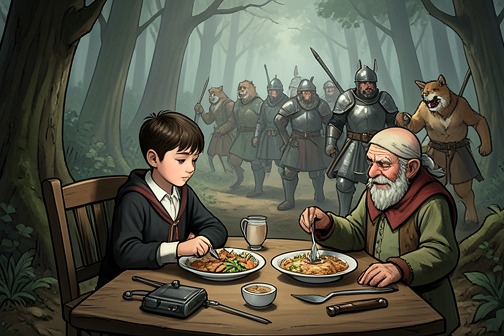 The Narnian Relief March from "The Horse and His Boy". Duffle and his brothers feed Shasta, who sleeps through much of the day after his exhausting journey.