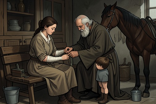 The Hermit’s Care from "The Horse and His Boy". The Hermit tends Aravis’s wounds and tells Shasta that Rabadash is already seeking a ford, so Shasta must run without resting to warn King Lune.