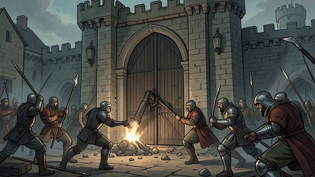 Anvard Under Assault from "The Horse and His Boy". The siege begins A rushed attack Rabadash’s men batter the castle gate while defenders resist from the walls.