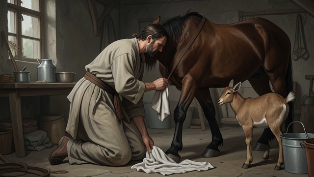 The Hermit’s Care from "The Horse and His Boy". Patient attention Treatment without spectacle The Hermit washes and dresses Aravis’s scratches and offers her goats’ milk.