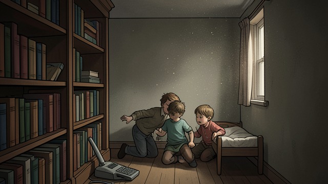 Children in a Hideaway from "Los pacientes del doctor García". The Hidden Compartment A private world Guillermo and Amparo invent games in the secret space behind Fermín Martínez’s bookcase, where childhood closeness…