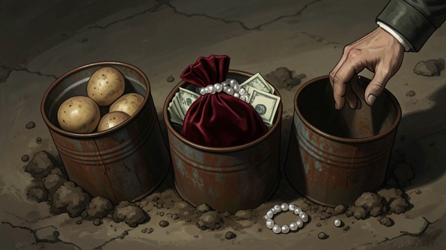 The Fortune Unearthed from "Partners in Crime". The Fortune Unearthed A Garden Cache Three buried tins contain potatoes, but the last hides a velvet bag with cash and pearls.