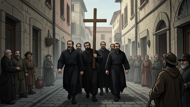 A Procession of Resolve from "Conclave". A Procession of Resolve Walking together Many electors walk from Casa Santa Marta to the Sistine Chapel, singing the Veni Creator.