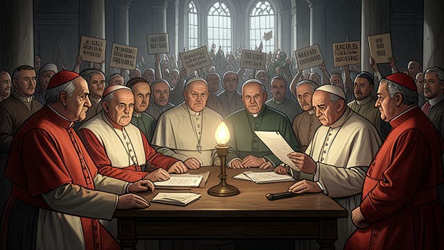 News Reaches the Electors from "Conclave". News Reaches the Electors A procedural question Lomeli asks the electors to authorize disclosure, and a majority votes to hear the facts.
