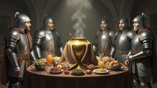 奇异的器皿,《亚瑟王之死》中的场景。丰盛之器 食物凭空出现 圣杯笼罩在帷幕之中出现,无人看得见是谁捧着它。香气与每位骑士想要的食物充满大厅,随后器皿便消失了。 奇迹先于解释 这一场景将圣杯与更古老的奇迹器皿意象联系起来,那是一种赐予生命的器皿。众人先感受到它的力量,之后才得以了解它的来历。