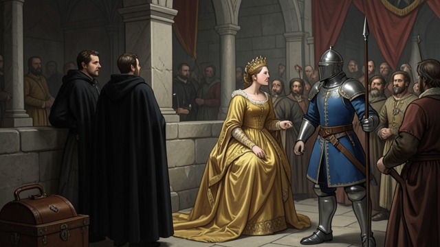 A Secret Becomes a Scandal from "Le Morte d'Arthur". The Court Suspects Rumor and surveillance Sir Agravaine and Sir Mordred watch the queen and Launcelot.