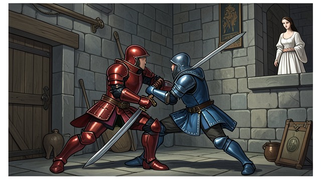 A Day-Long Battle from "Le Morte d'Arthur". The Red Knight Meets Gareth The challenge begins Gareth and the Red Knight meet before the assembled army.