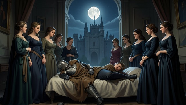 Morgan Captures the Sleeper from "Le Morte d'Arthur". Enchantment Hides a Knight Four queens find him Morgan and three queens recognize Launcelot and argue over his love.