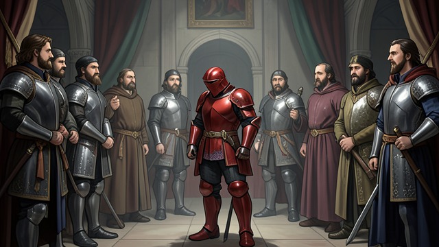 Submission at Pentecost from "Le Morte d'Arthur". Former Enemies Enter the Court A public acknowledgment The Red Knight and hundreds of his followers come before Arthur and submit.