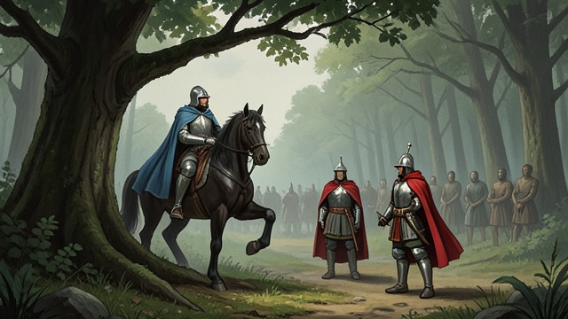 Launcelot Leaves Court from "Le Morte d'Arthur". A Knight Seeks Adventures Departure from Camelot Launcelot rides out with Sir Lionel, but stops to sleep beneath a tree.