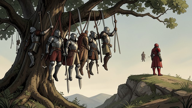 The Red Knight’s Brutal Rule from "Le Morte d'Arthur". A Siege Built on Fear Knights displayed as warnings Gareth sees defeated knights hanging from trees, their weapons and armor left on them.