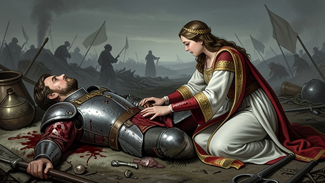 Launcelot’s Injury at Winchester from "Le Morte d'Arthur". A Knight Is Wounded by Love’s Token A public contest turns costly Launcelot fights under Elaine’s sleeve and is struck by a knight.