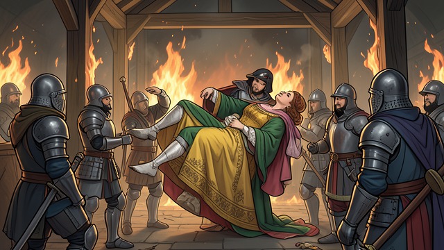The Queen Is Rescued from Fire from "Le Morte d'Arthur". A Public Sentence Judgment follows accusation Arthur sentences Guenever to burn after Launcelot is discovered in her chamber.