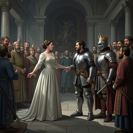 The Affair of the Queen and Launcelot from "Le Morte d'Arthur". This flow traces how a favored champion and a queen’s mutual love develop into a secret relationship, public accusation, and irreversible tragedy.