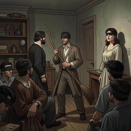 The Rules of Blind Survival from "Bird Box". This flow traces how blindfolds, inspection procedures, and sound-based navigation become both protection and burden.