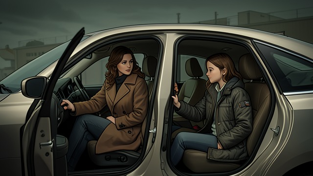 Help at the Parking Lot from "Cinder & Ella". A Small Defense A practical choice When Anastasia refuses to let Ella sit in the front of the car, Juliette moves to the back to make room.