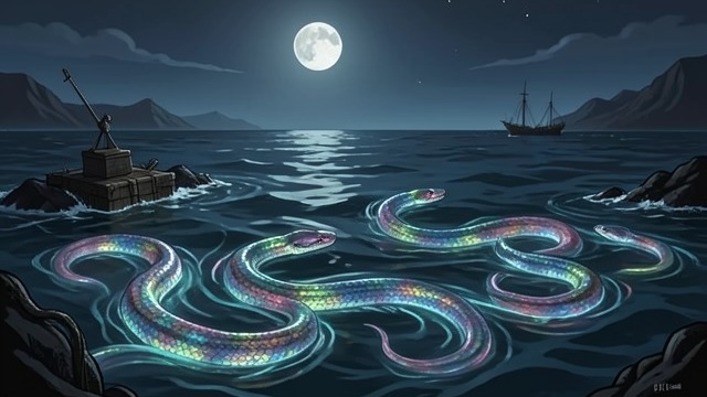 黑暗水面中的美,《古舟子咏》中的场景。黑暗水面中的美 鲜活的细节 古代水手注视着水蛇在月光下游动,身后留下发光的轨迹。即使周遭景象笼罩在死亡之中,它们的色彩与动作依然蕴含着美。 关系的转变 他祝福这些生灵,并发现自己重新拥有了祈祷的能力。自然不再只是威胁或可供利用的资源,也成为值得发自内心珍爱的存在。