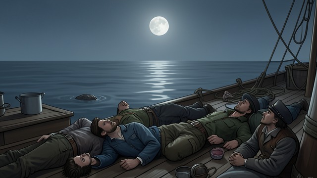 航程中的诡异征兆,《古舟子咏》中的场景。月亮与死去的船员 月光下的死亡 水手们转过脸望向古代水手,随后死去,月亮也在此时升起。月光照亮了这一幕,却没有让它显得不那么残酷。 挥之不去的景象 天上的宁静与船员骤然死去形成对比。月光下的景象成了幸存者永远无法忘却的画面。