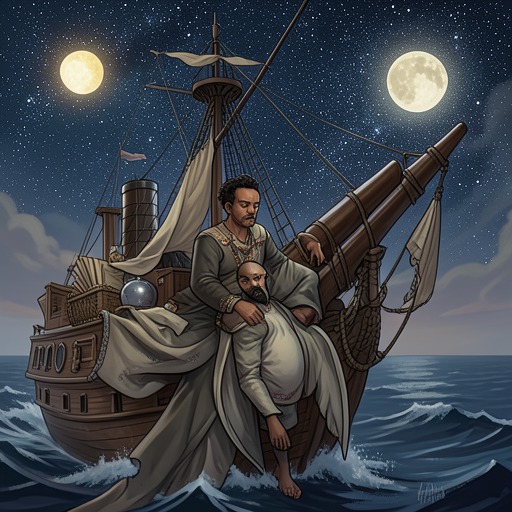 A Voyage Through Changing Light from "The Rime of the Ancient Mariner". This flow follows the changing sun, moon, and night as visual markers of the voyage’s progression from ordinary travel to supernatural ordeal.