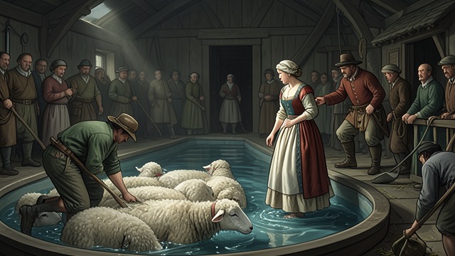 The Sheep-Washing from "Far from the Madding Crowd". Seasonal Labor A communal task Workers wash the flock in a pool, while Bathsheba oversees the operation and Boldwood seeks a private conversation.