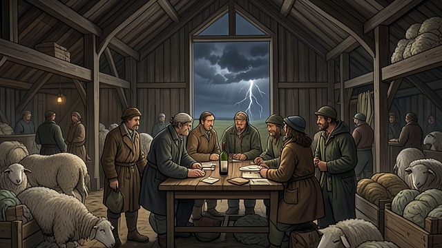 Shearing and Harvest from "Far from the Madding Crowd". Abundance and Danger Work at its height The shearing barn fills with laborers, animals, and wool. The harvest revel later celebrates the produce of the farm.
