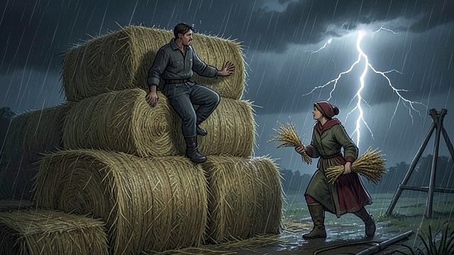 Gabriel Climbs the Ricks from "Far from the Madding Crowd". Work Against the Storm Improvised protection Gabriel secures some stacks with cloths and thatches others by hand.