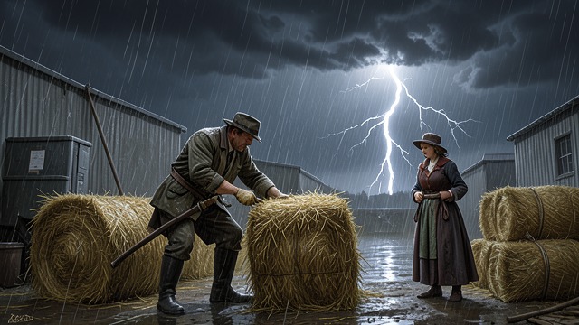 The Harvest Survives from "Far from the Madding Crowd". A Costly Success Grain protected Gabriel finishes securing Bathsheba’s stacks before the rain becomes relentless.