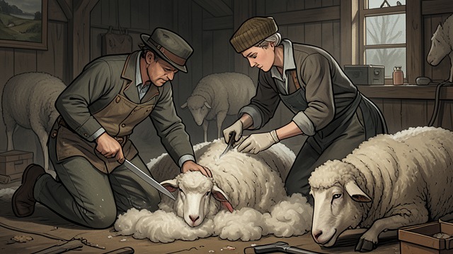 The Shearing Season from "Far from the Madding Crowd". The Flock Transformed Skill in motion Gabriel supervises the shearers and works with exceptional speed, while Bathsheba checks the quality of the work.