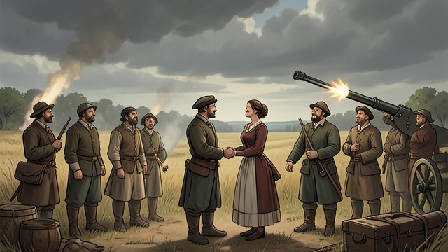 A Wedding Salute from "Far from the Madding Crowd". Humor After Sorrow Friends gather again The villagers surprise Gabriel and Bathsheba with music, a cannon salute, and good wishes after their quiet wedding.